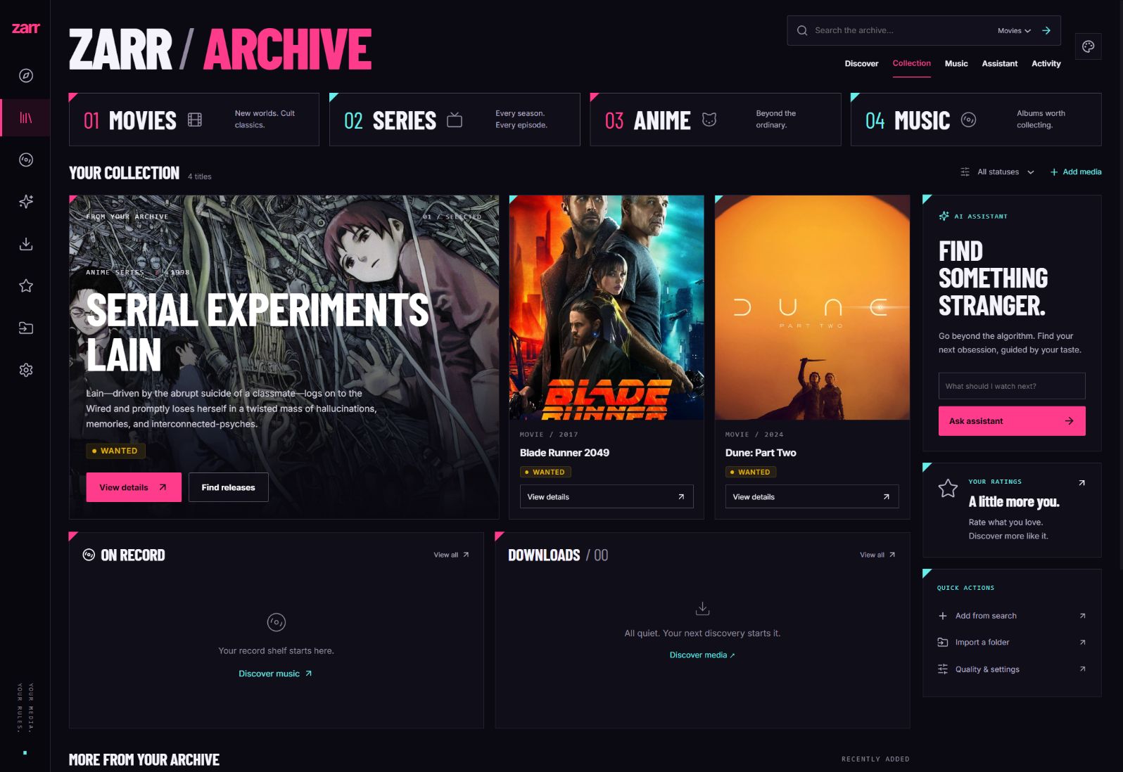 Zarr's running Collection page with Serial Experiments Lain, Blade Runner 2049, and Dune: Part Two